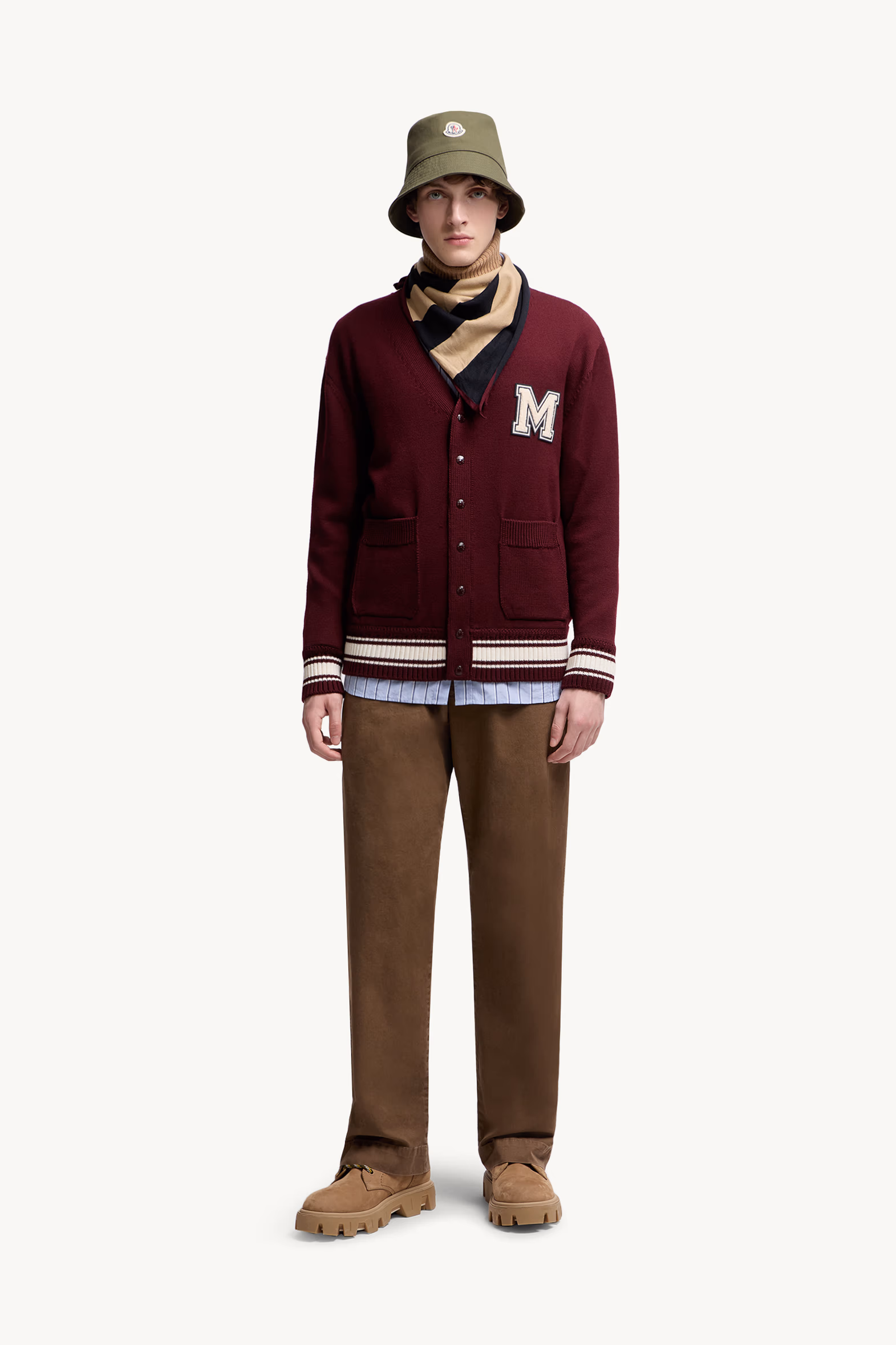 Cardigan en laine à monogramme brodé Hommes Bordeaux Moncler 0